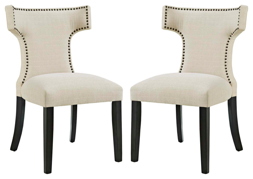 Beige Curve Dining Side Chair Fabric Set of 2