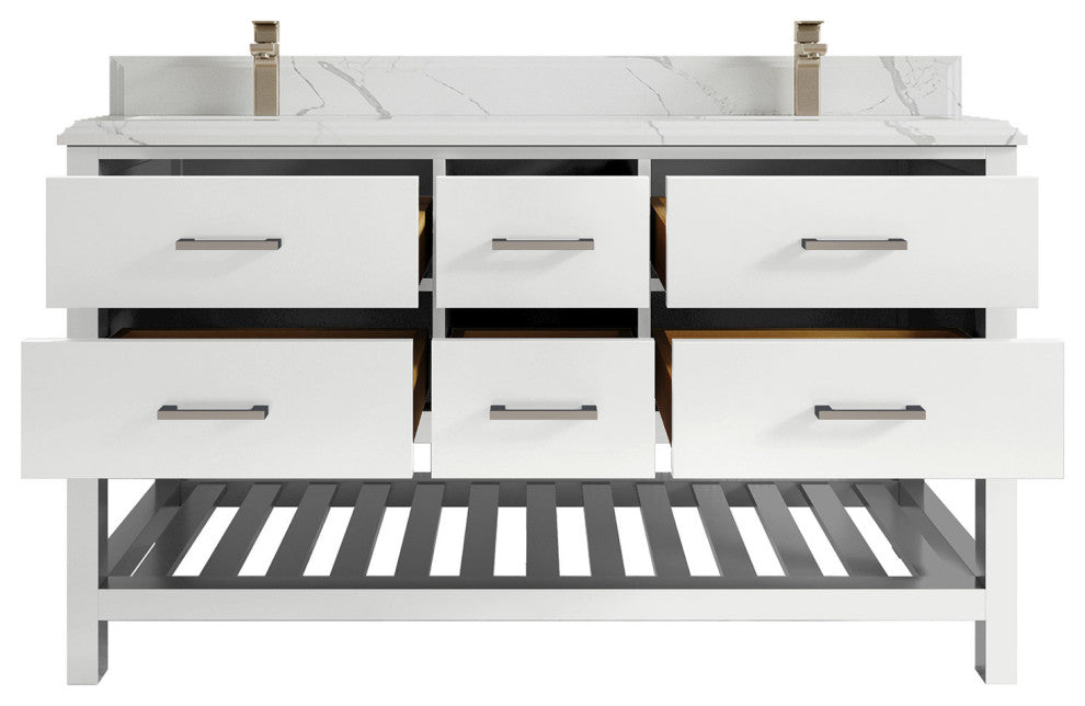Parker 60 Double Sink Bathroom Vanity in White 1.5" Calacatta Laza