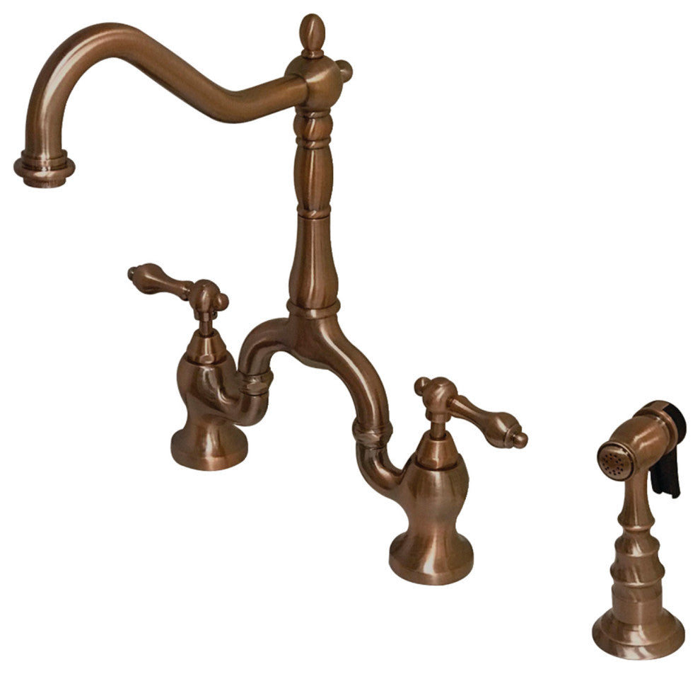 KS775ALBSAC Country Kitchen Bridge Faucet With Brass Sprayer, Antique Copper