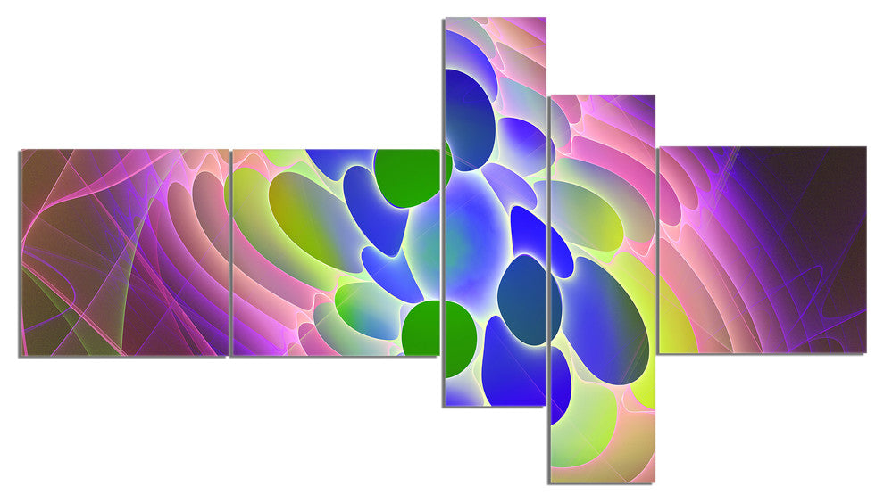 Blue Green Fractal Virus Design, Abstract Art on Canvas, 60"x32", 5 panels