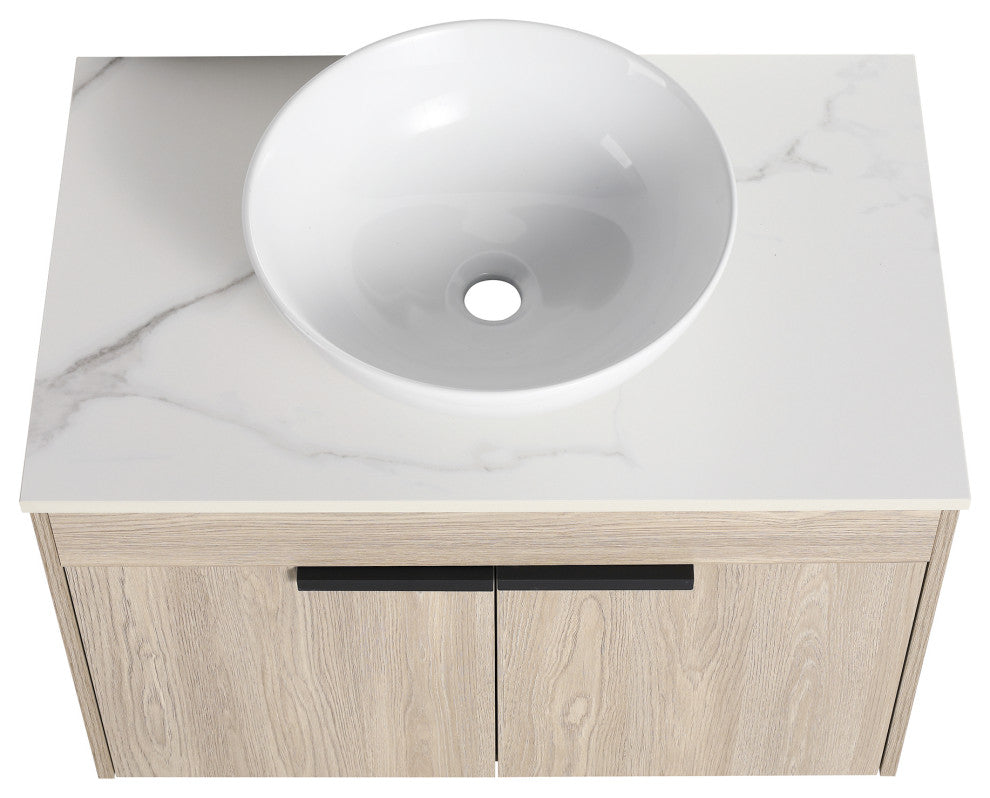Wall-Mounted Bath Vanity, White Oak, White Ceramic Vessel Sink