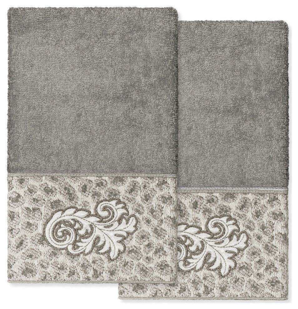 Linum Home Turkish Cotton April 2-Piece Embellished Hand Towel Set, Dark Gray