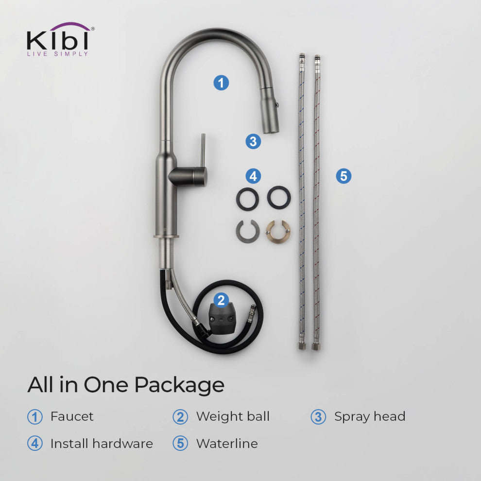 KIBI Hilo Single Handle Pull Down Kitchen Faucet, Titanium, W/ Soap Dispenser