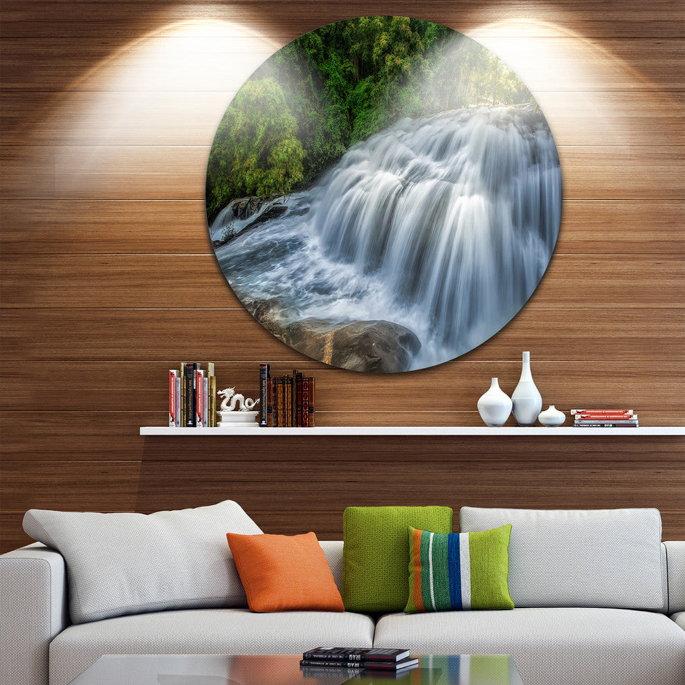 Flowing Pha Dokseaw Waterfall, Landscape Photo Disc Metal Wall Art, 11"