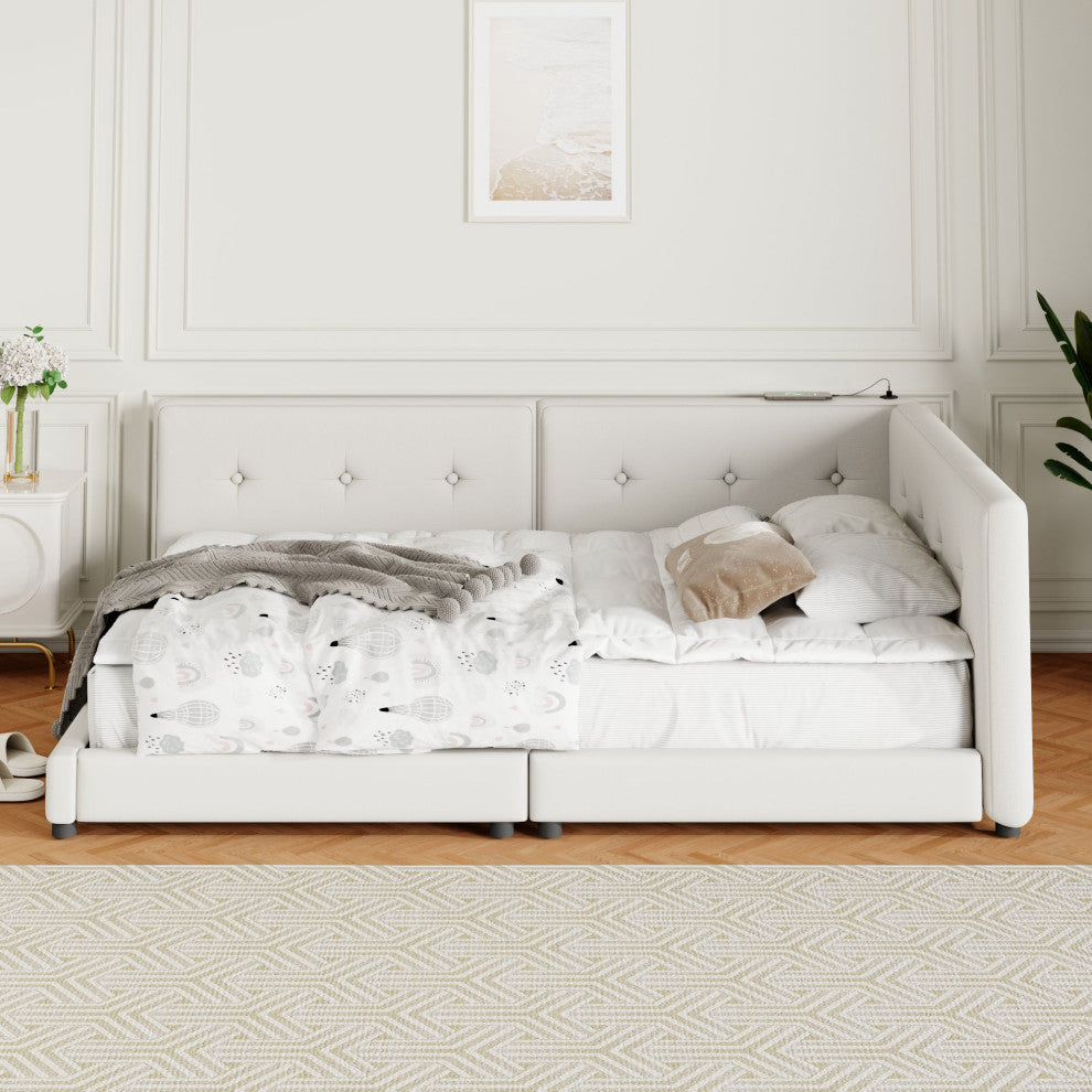 Gewnee Upholstered Queen Size platform bed with USB Ports, Beige