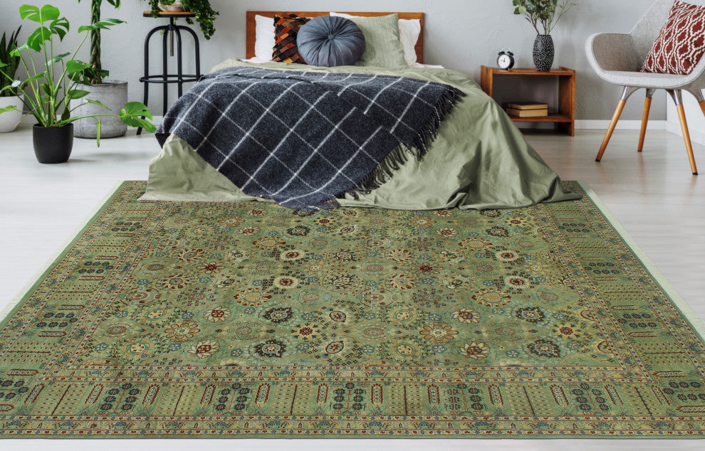 Pak-Persian Merve Green/Black Rug, 8'0x10'3