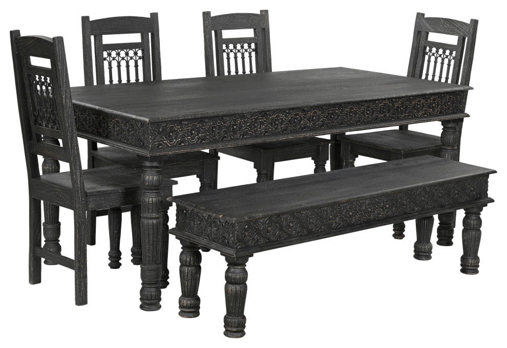 Wiley 7-piece Carved Solid Wood Dining Set, Black