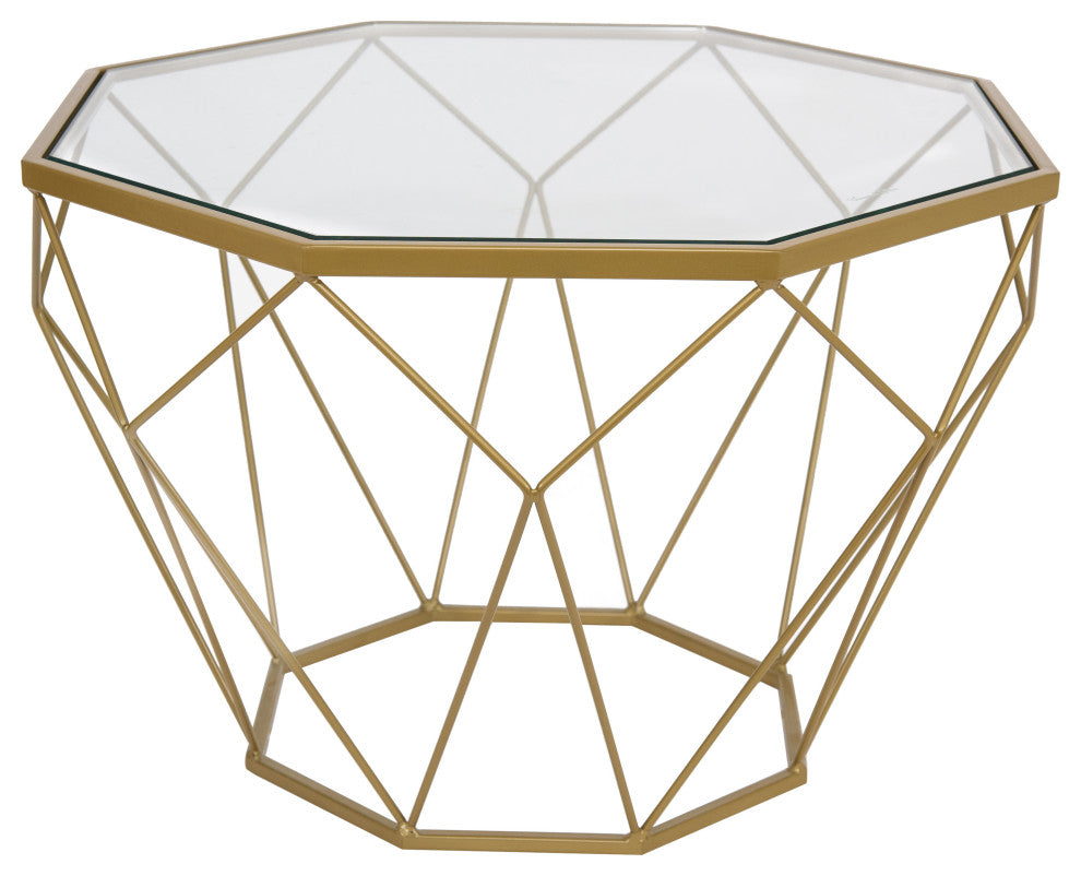 LeisureMod Malibu Modern Octagon Glass Top Coffee Table With Gold Chrome Base