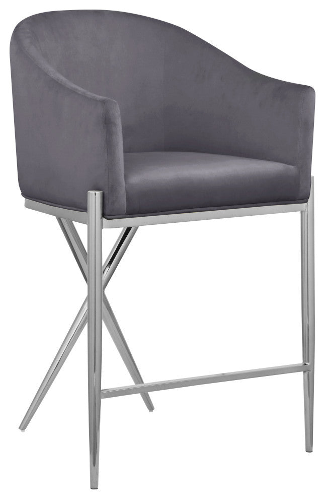 Xavier Velvet Upholstered Counter Height Stool, Gray, Chrome Finish