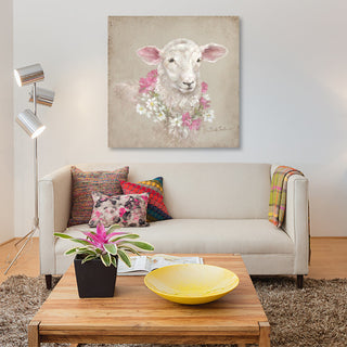 "Sheep With Wreath" by Debi Coules, Canvas Print, 12"x12"