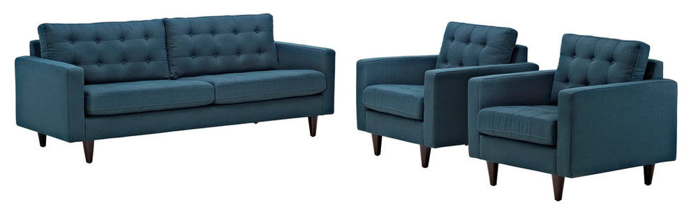 Modern Contemporary Living Room Sofa and Armchairs, Azure, 3-Piece Set