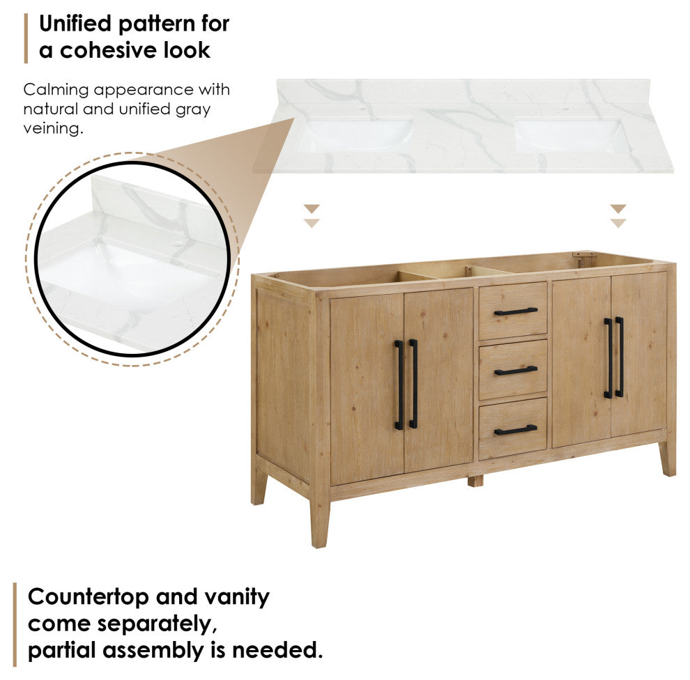 Laurel Bathroom Vanity with Calacatta White Quartz Stone Countertop, Weathered Fir, 60", Without Mirror