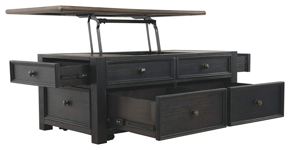 Farmhouse Coffee Table, Drawers With Raised Edges and Lift Up Top, Brown/Black