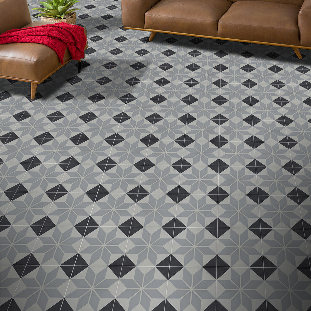 8"x8" Assila Handmade Cement Tile, Gray/Black, Set of 12