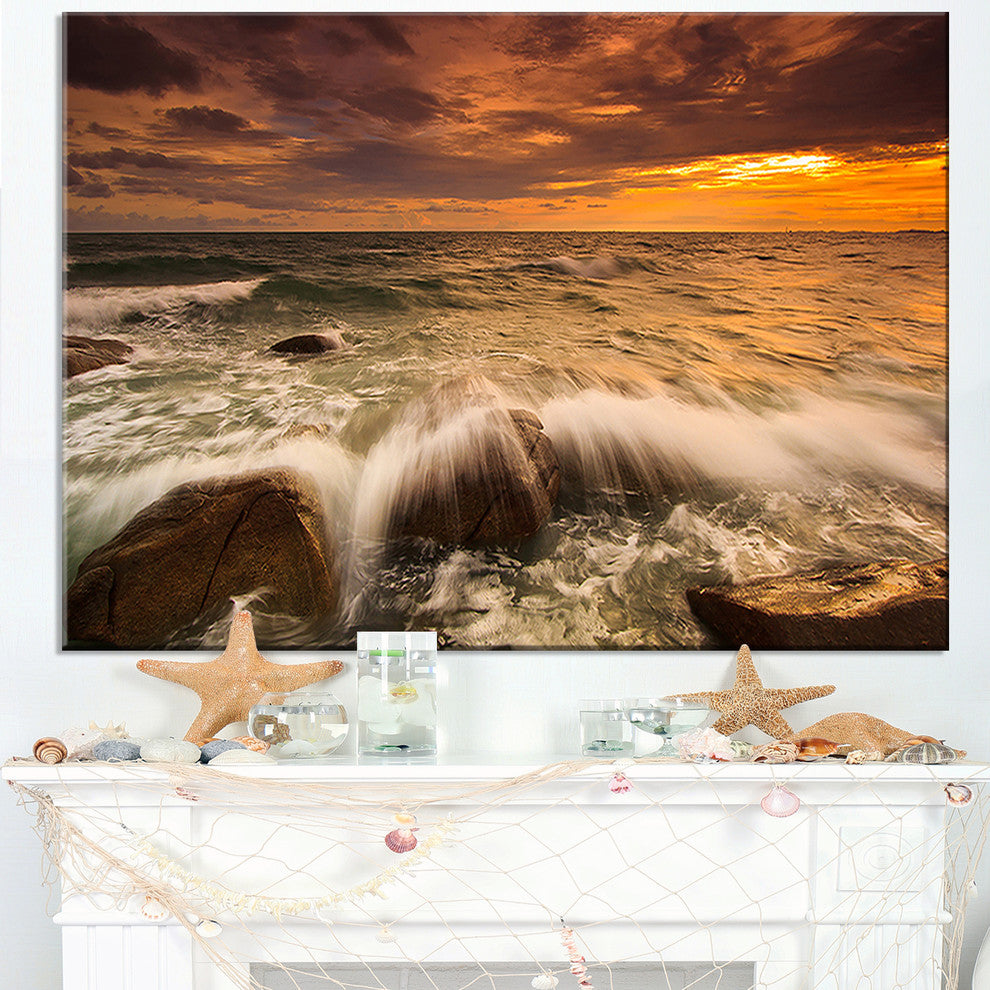 "Rushing Ocean Waves Into Rocks" Seashore Canvas Wall Art, 40"x30"