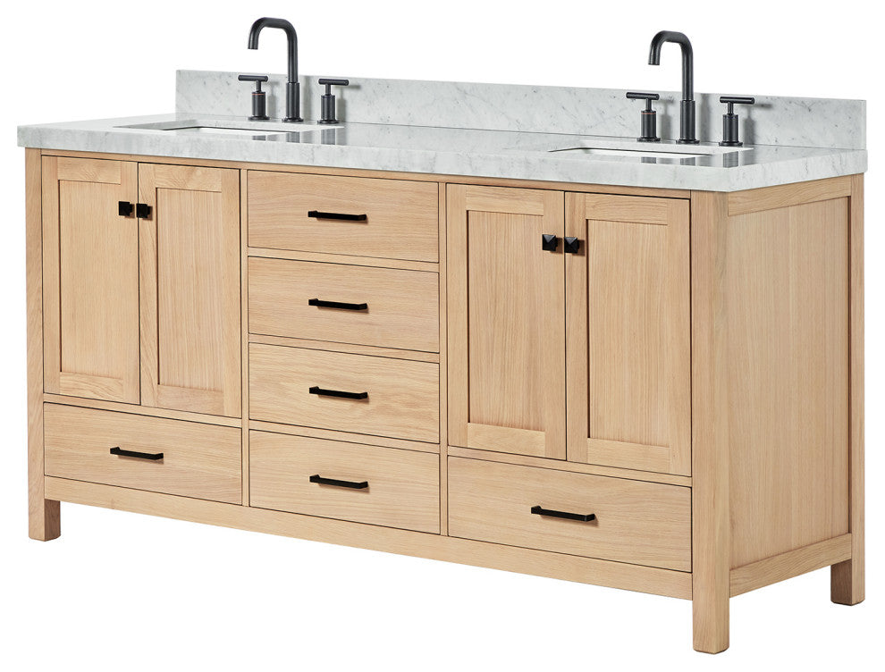 Cambridge 72" Double Bath Vanity With Italian Carrara Marble Top, Oak
