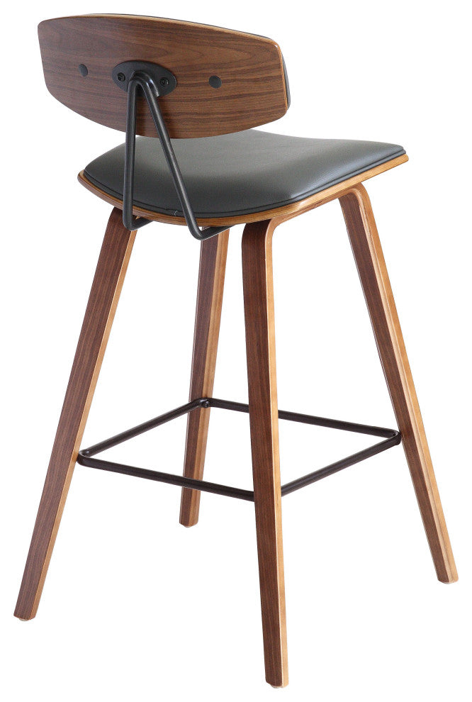 Fox 30" Mid-Century Bar Height Barstool in Gray Faux Leather With Walnut Wood