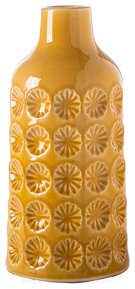 Round Ceramic Bottle Vase with Clover Pattern Design Gloss Yellow Finish, Small