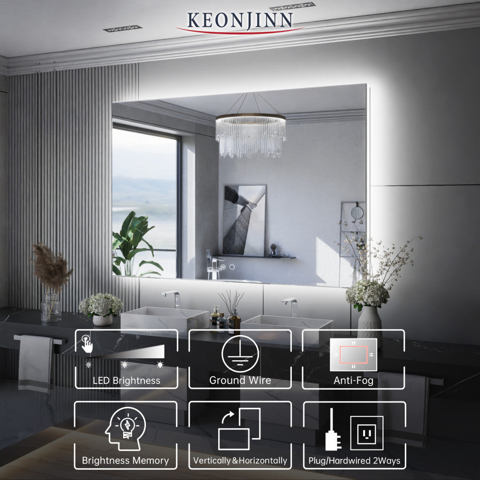 Backlit LED Mirror for Bathroom, Anti-Fog Dimmable, Silver, 48x32