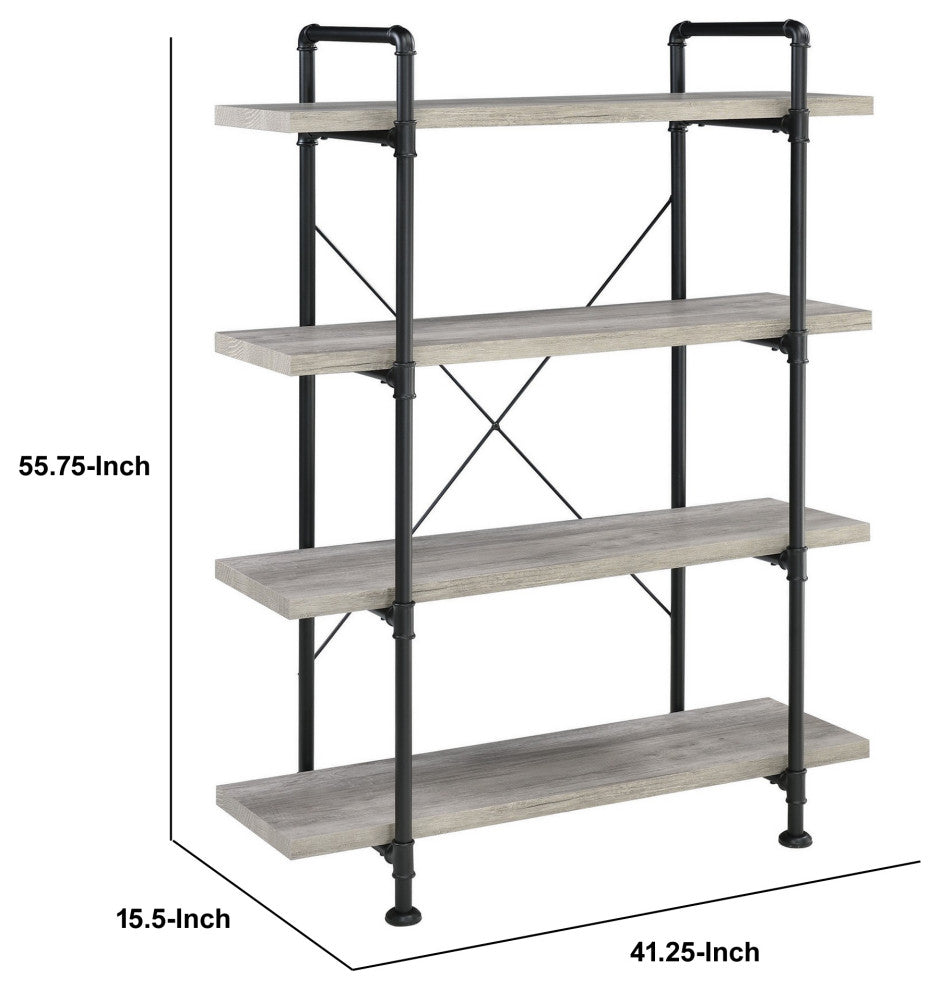Benzara BM233213 56" 4 Tier Metal and Wooden Bookcase, Black and Gray
