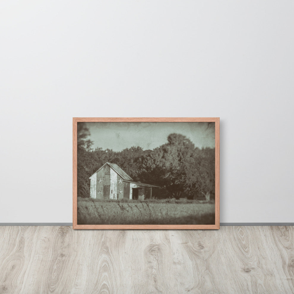 Patriotic Barn in Field Vintage Black and White Framed Photo Wall Art Print, Red Oak, 18" X 24"