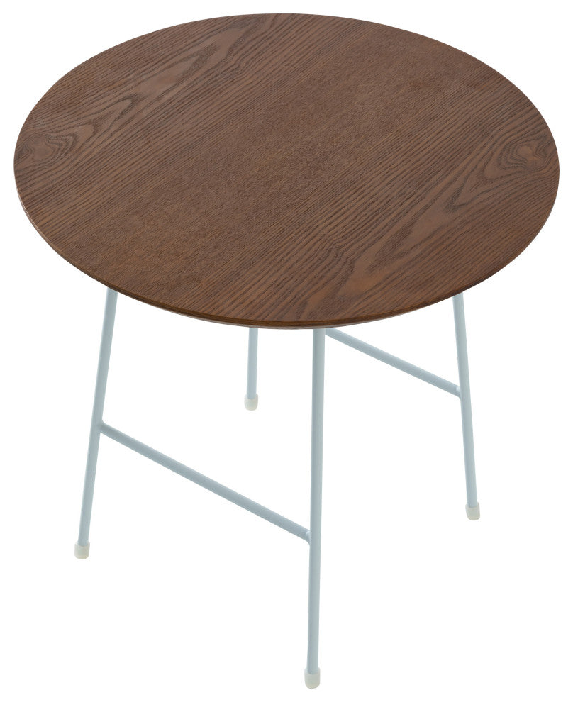 LeisureMod Rossmore Modern Round Side Table With White Steel Frame, Walnut