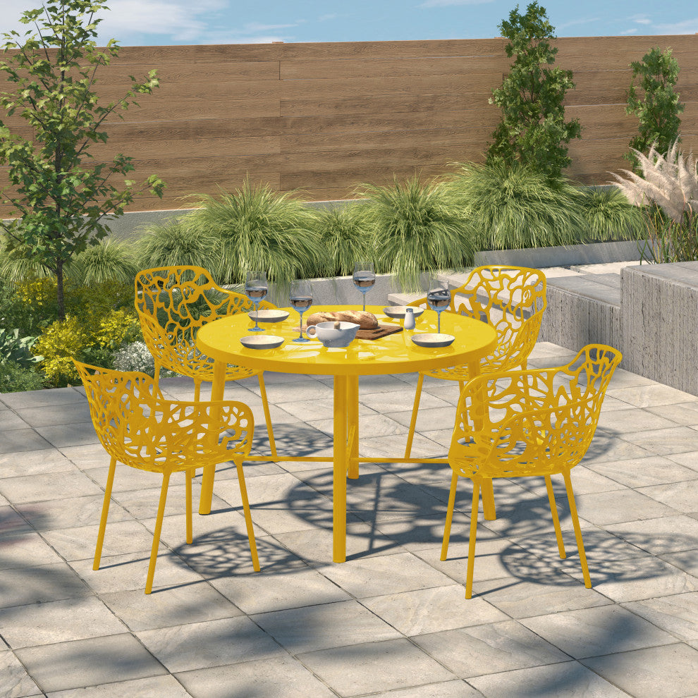 LeisureMod Modern Devon Aluminum Chairs, With Arms, Set of 4, Yellow