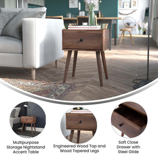 Hatfield One Drawer Wood Nightstand, Side Accent or End Table-Dark Walnut