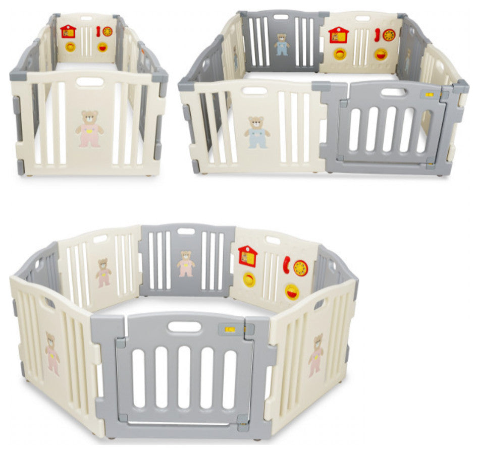Kidzone Interactive Baby Playpen 8 Panel Safety Gate ASTM Certified, Grey-White