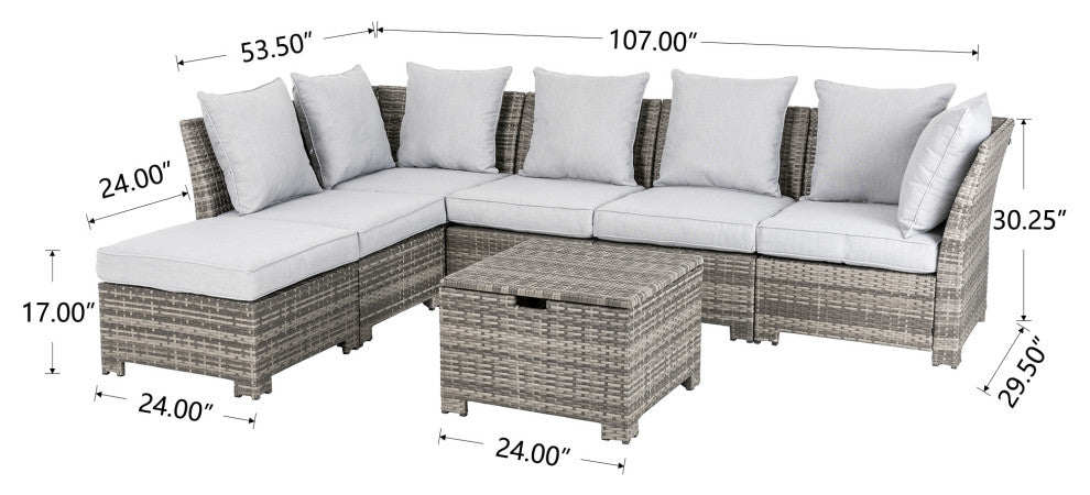 7 Piece Outdoor Patio All-Weather Wicker Sectional