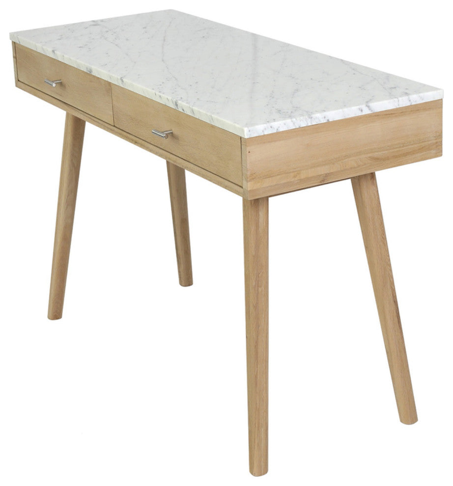 Viola 44" Rectangular Italian Carrara White Marble Writing Desk With Oak Leg