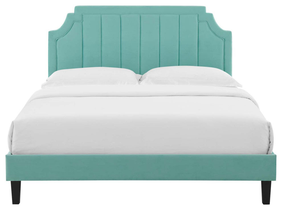 Platform Bed Frame, King Size, Velvet, Blue, Modern Contemporary, Bedroom Master