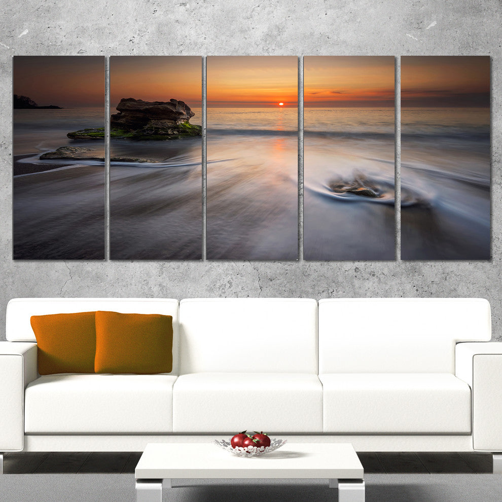 "Stormy Sea With Rushing White Waves" Beach Canvas Wall Art, 5 Panels, 60"x28"