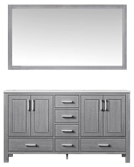 Jacques 60" Distressed Grey Double Sink Vanity with Quartz Top, With Mirror
