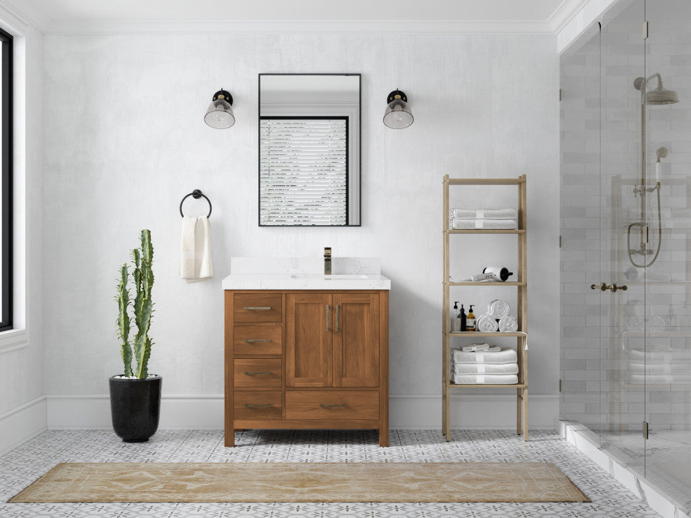 Malibu Teak 36 Right Offset Bath Vanity in Golden Teak 2" Empira Quartz