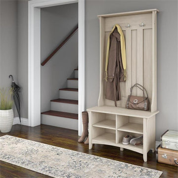 Salinas Hall Tree with Shoe Storage Bench in Antique White - Engineered Wood