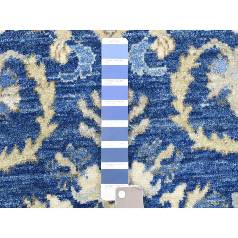 Navy Blue, Fine Peshawar Soft Wool Hand Knotted Wide Runner Rug, 4'0"x11'8"