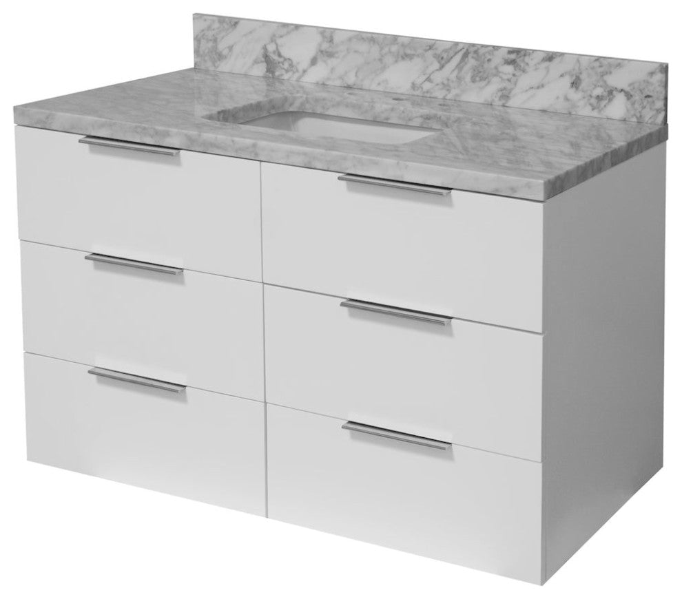 Oslo 42" Floating Wall Mounted Bathroom Vanity, White, Carrara Marble