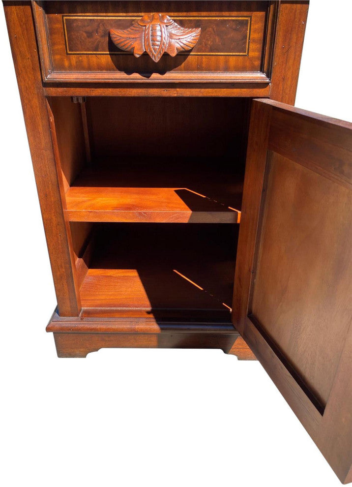 Victorian Nightstand Carved Mahogany, Burl Inlay Wood, 1-Door 1-Drawer