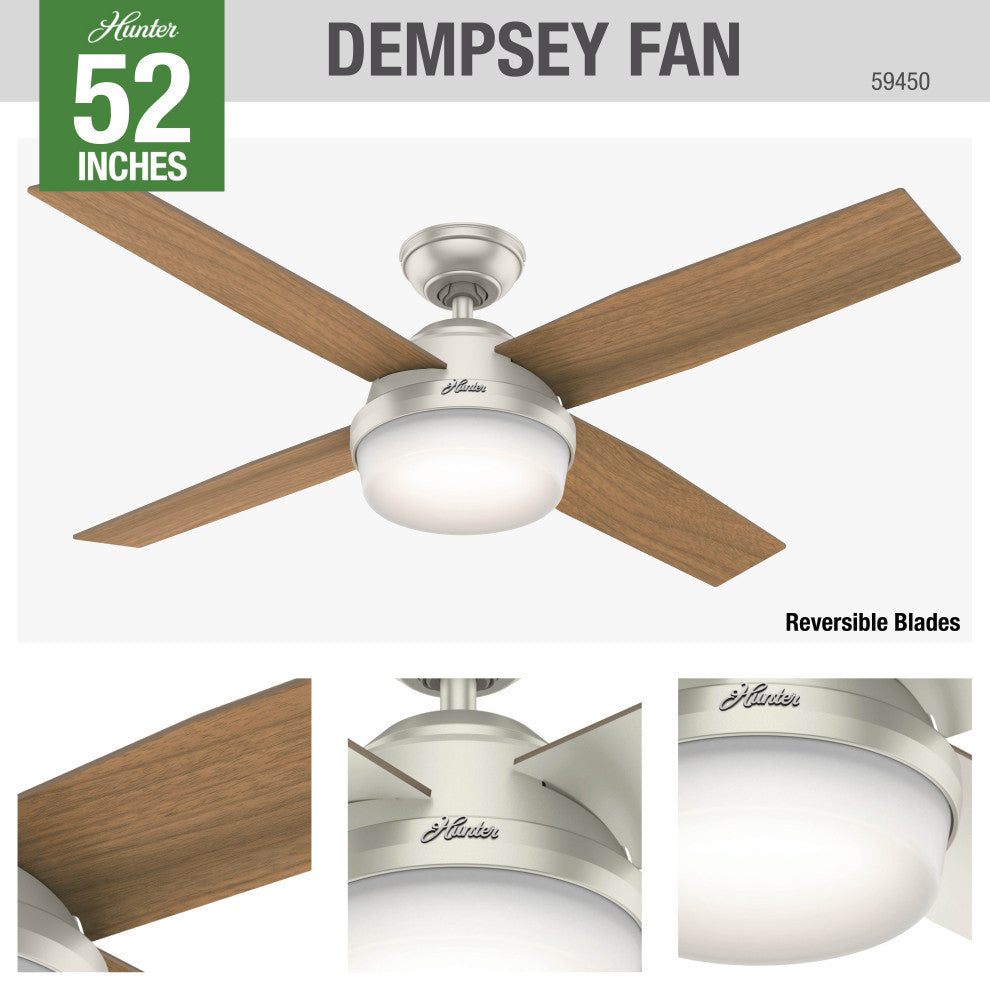 Hunter Fan Company Dempsey Damp Matte Nickel Ceiling Fan With Light/Remote, 52"