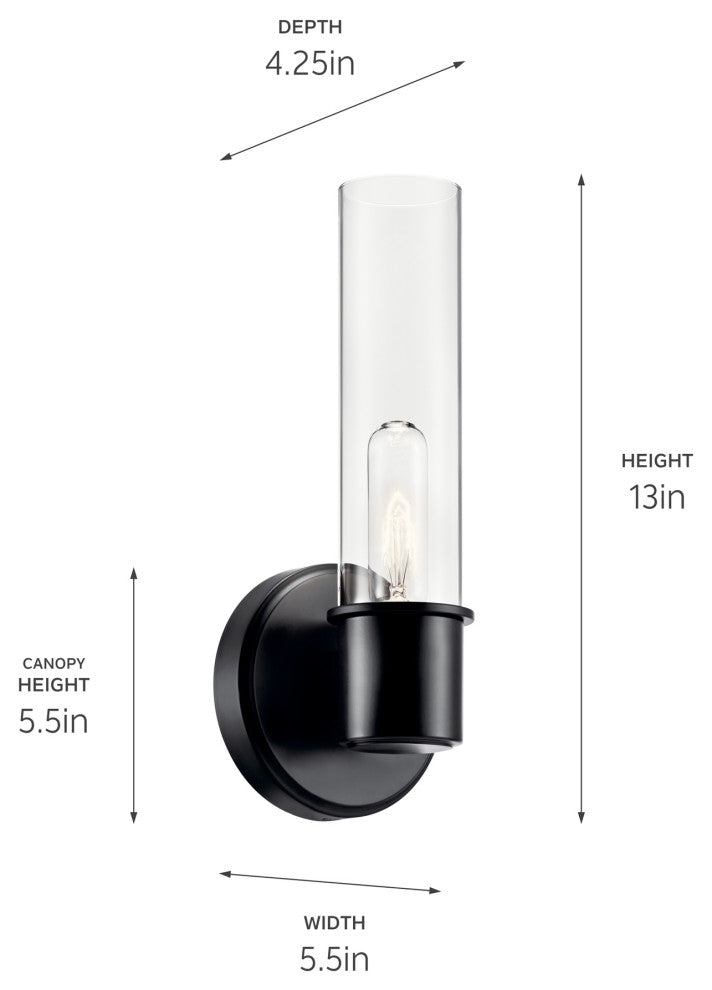 Aviv 13" 1 Light Wall Sconce With Clear Glass, Black