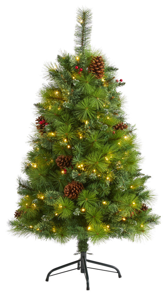 4' Montana Mixed Pine Faux Xmas Tree With Pine Cones, Berries & 150 Clear Lights