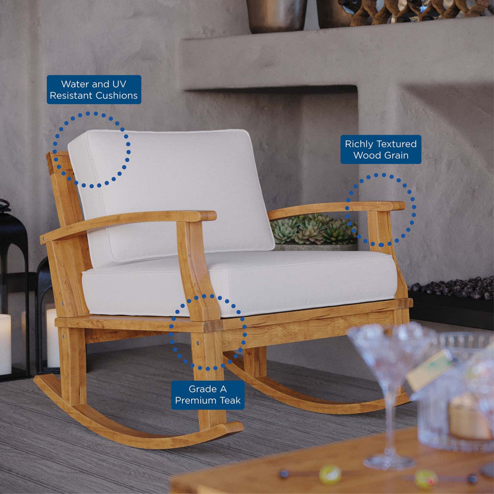 Lounge Rocking Chair, Wood, Brown Natural White, Modern, Outdoor Patio Bistro