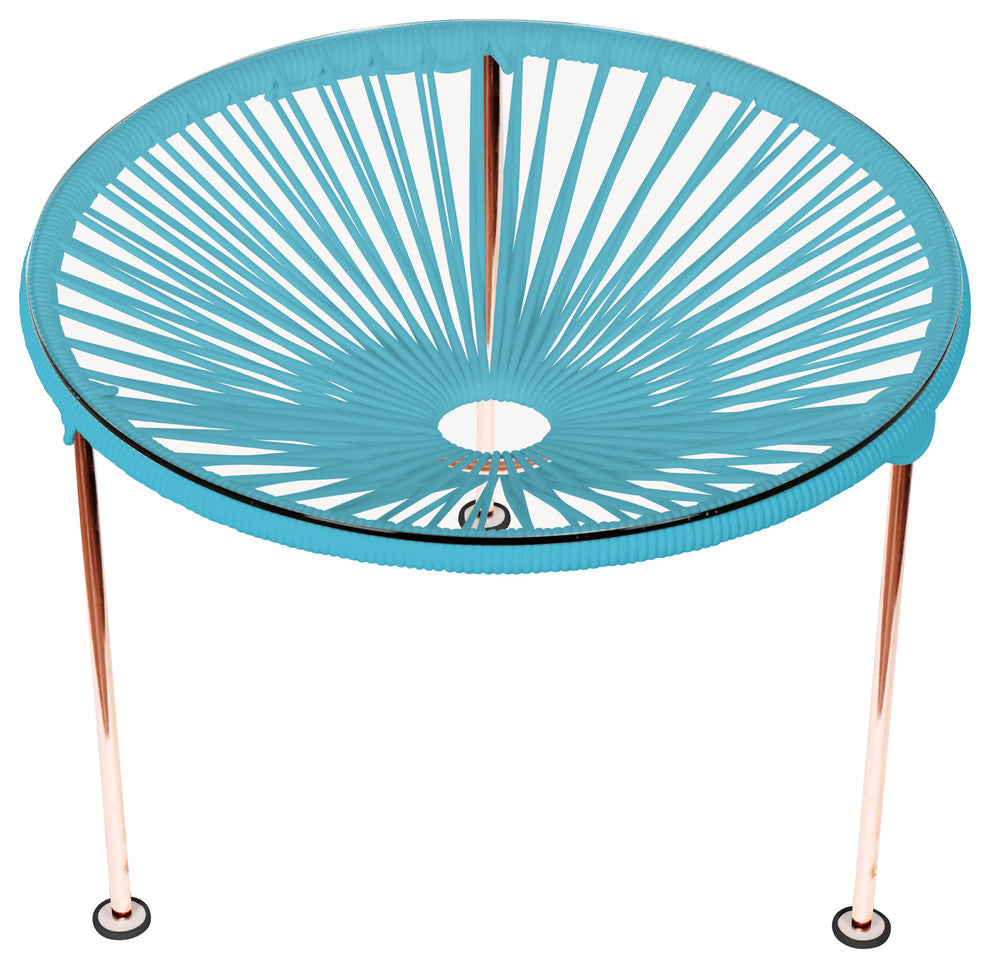 Zicatela Indoor/Outdoor Handmade Side Table, Blue Weave, Copper Frame