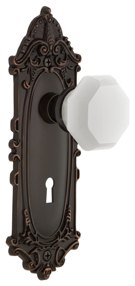 Victorian Plate Interior Mortise Waldorf White Milk Glass Knob, Timeless Bronze