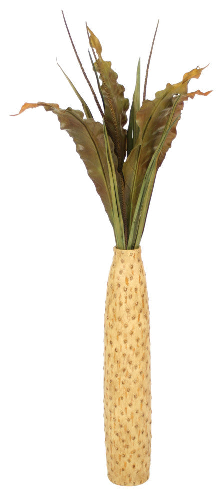 Green-Brown Tropical Leaves, Seeded Branches in Cork-Finish Floor Vase