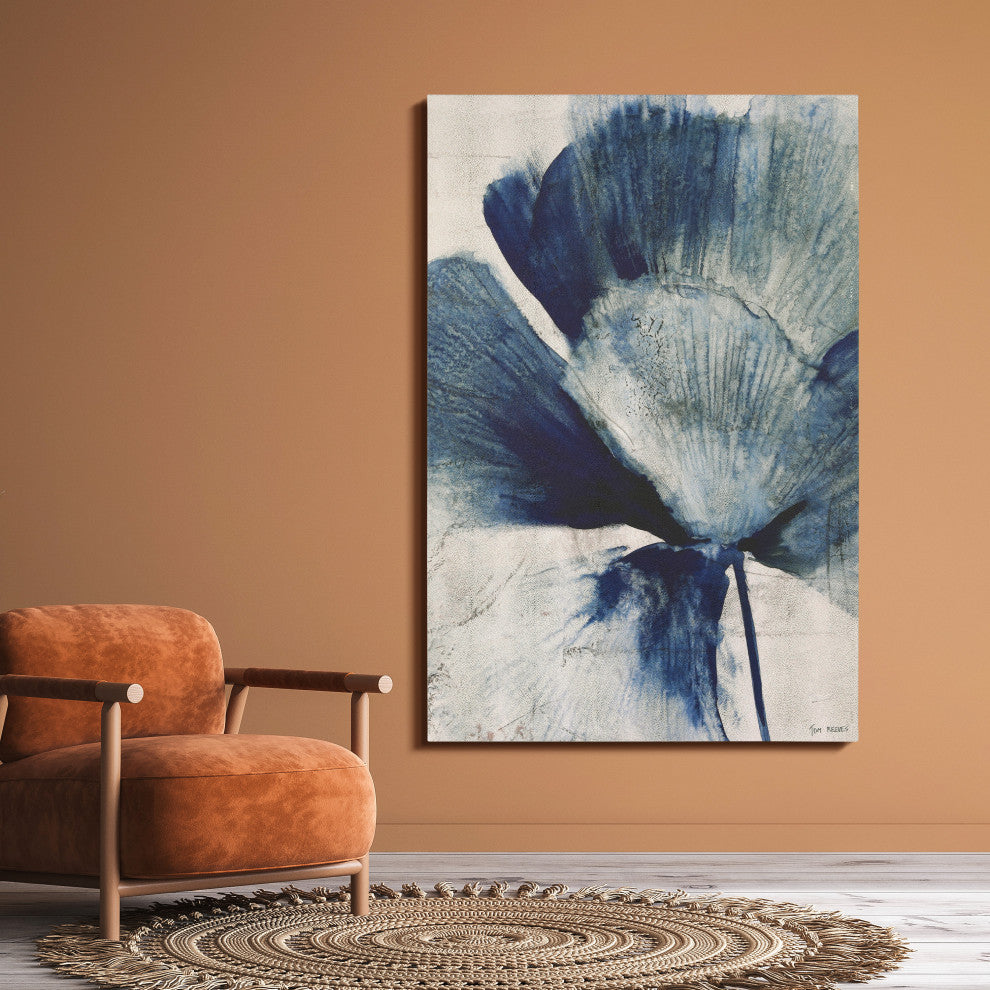 "Azure Bloom" Blue Flower Rendered on Gold Shagreen Wrapped Canvas Wall Art