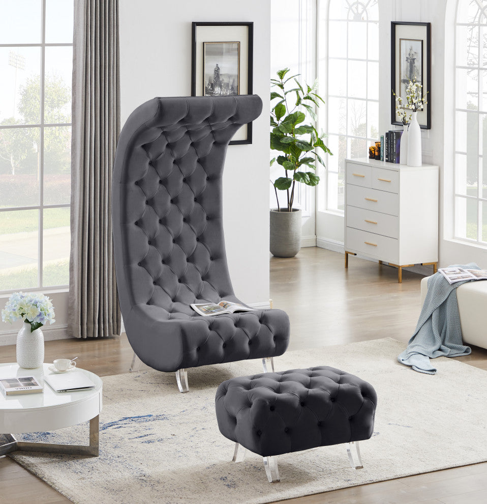 Crescent Velvet Upholstered Ottoman, Gray