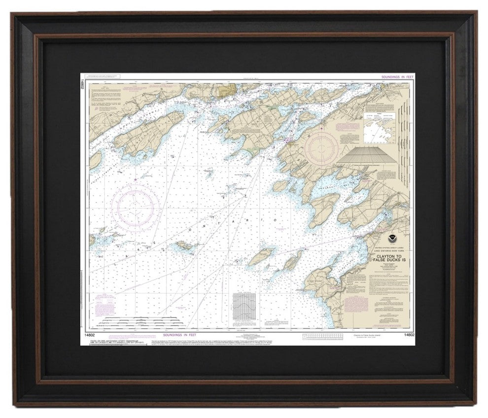 Framed Nautical Chart, Lake Ontario, Clayton to False Ducks lsland, 24x19