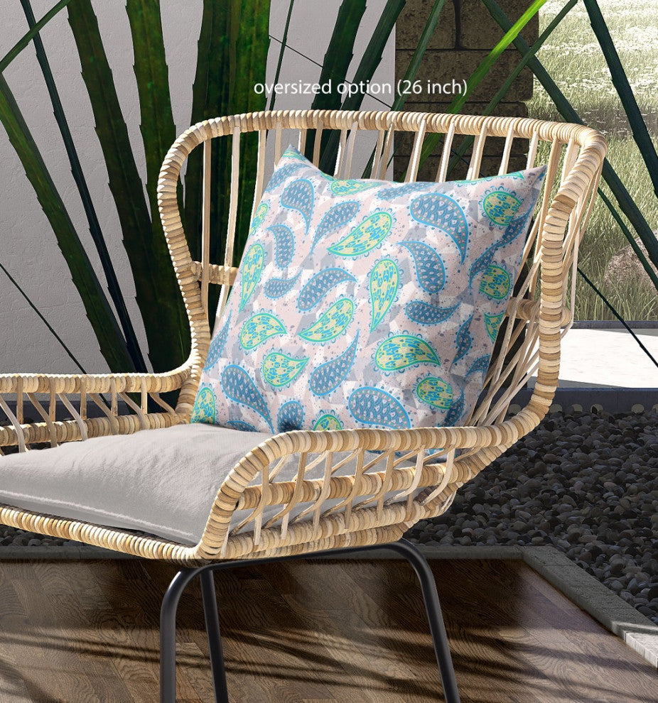 20" Green Indigo Boho Paisley Indoor Outdoor Throw Pillow